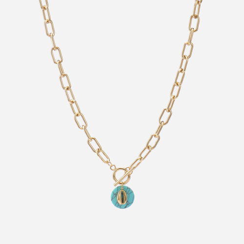Stainless steel cable chain toggle necklace with turquoise disc and shell charm